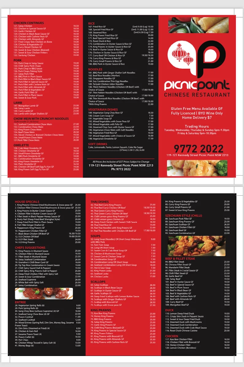 Menu, Picnic Point Chinese Restaurant