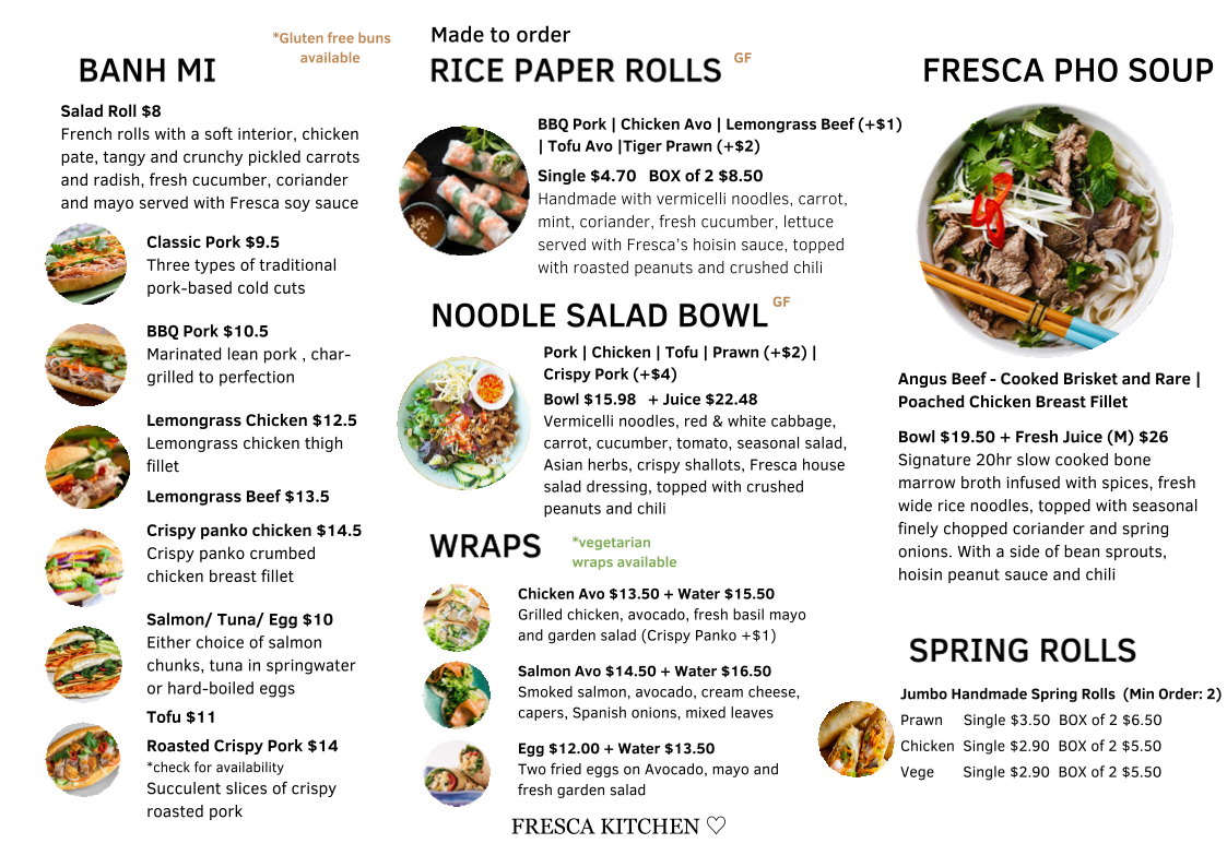 Menu, Fresca Kitchen/Burgerroo