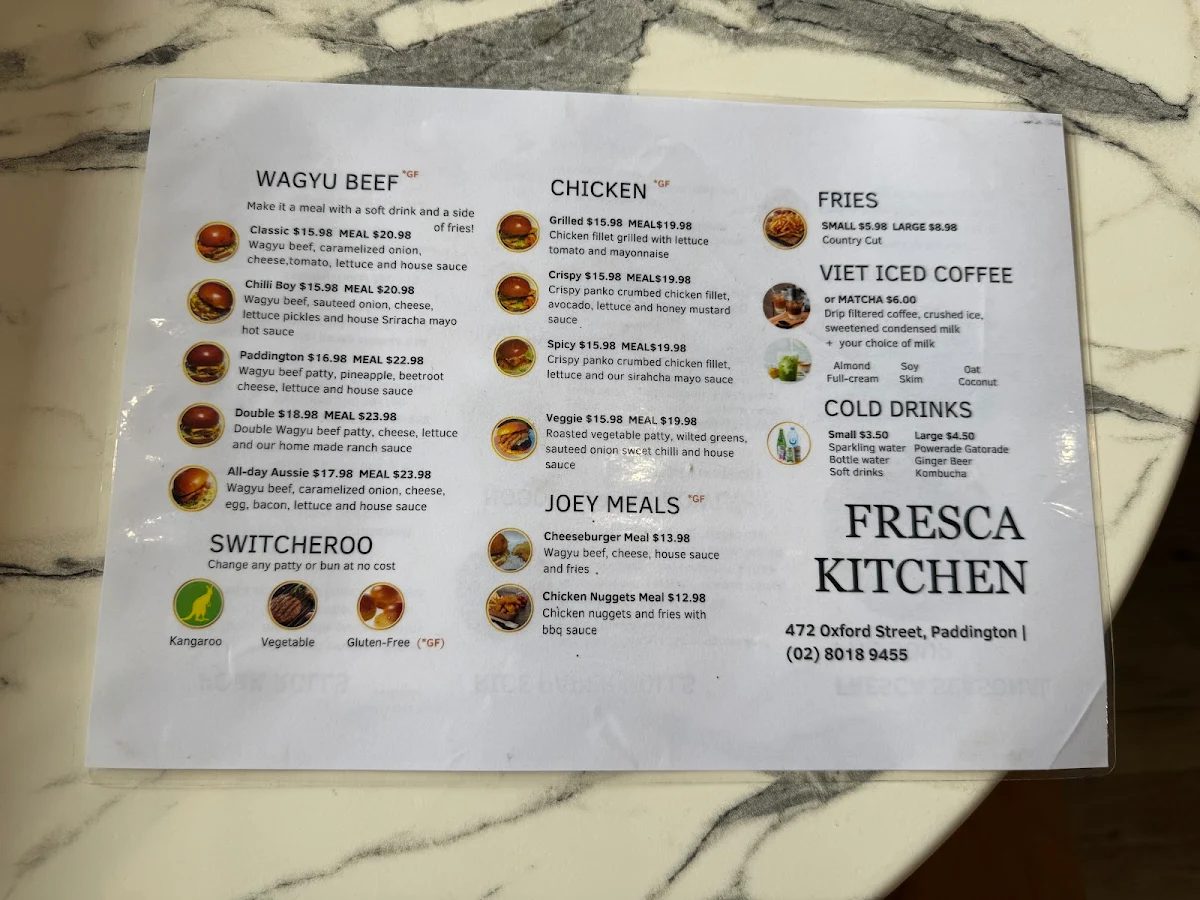Menu, Fresca Kitchen/Burgerroo