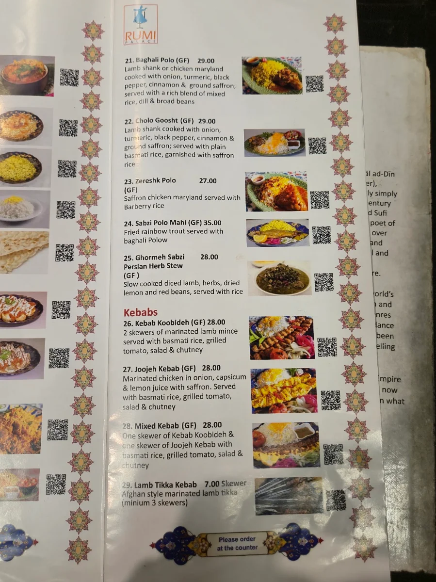 Menu, Rumi Palace