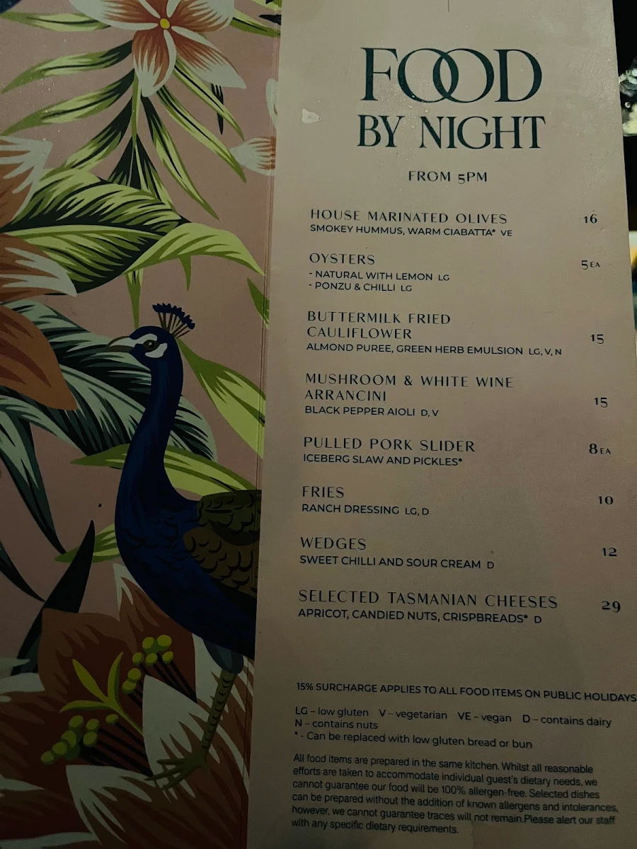 Menu, The Birdcage Bar
