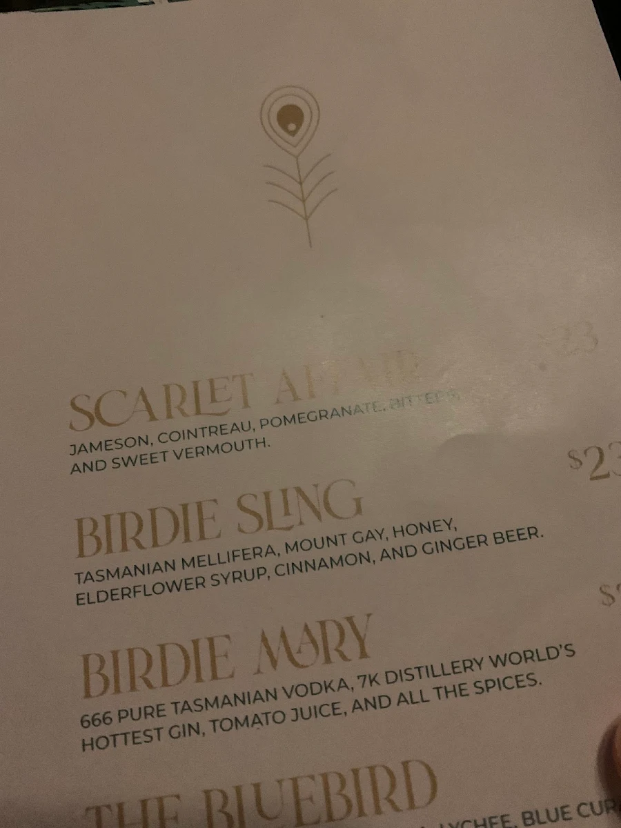 Menu, The Birdcage Bar