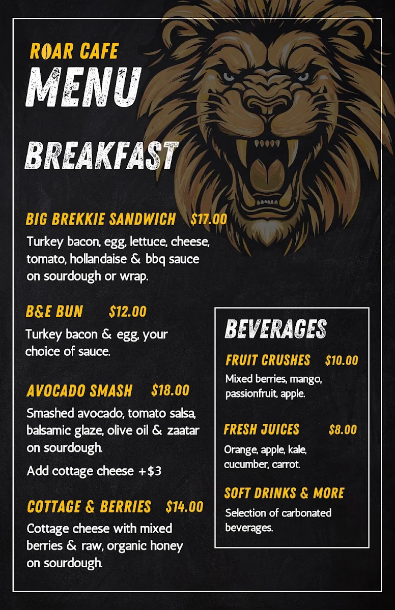 Menu, ROAR CAFE