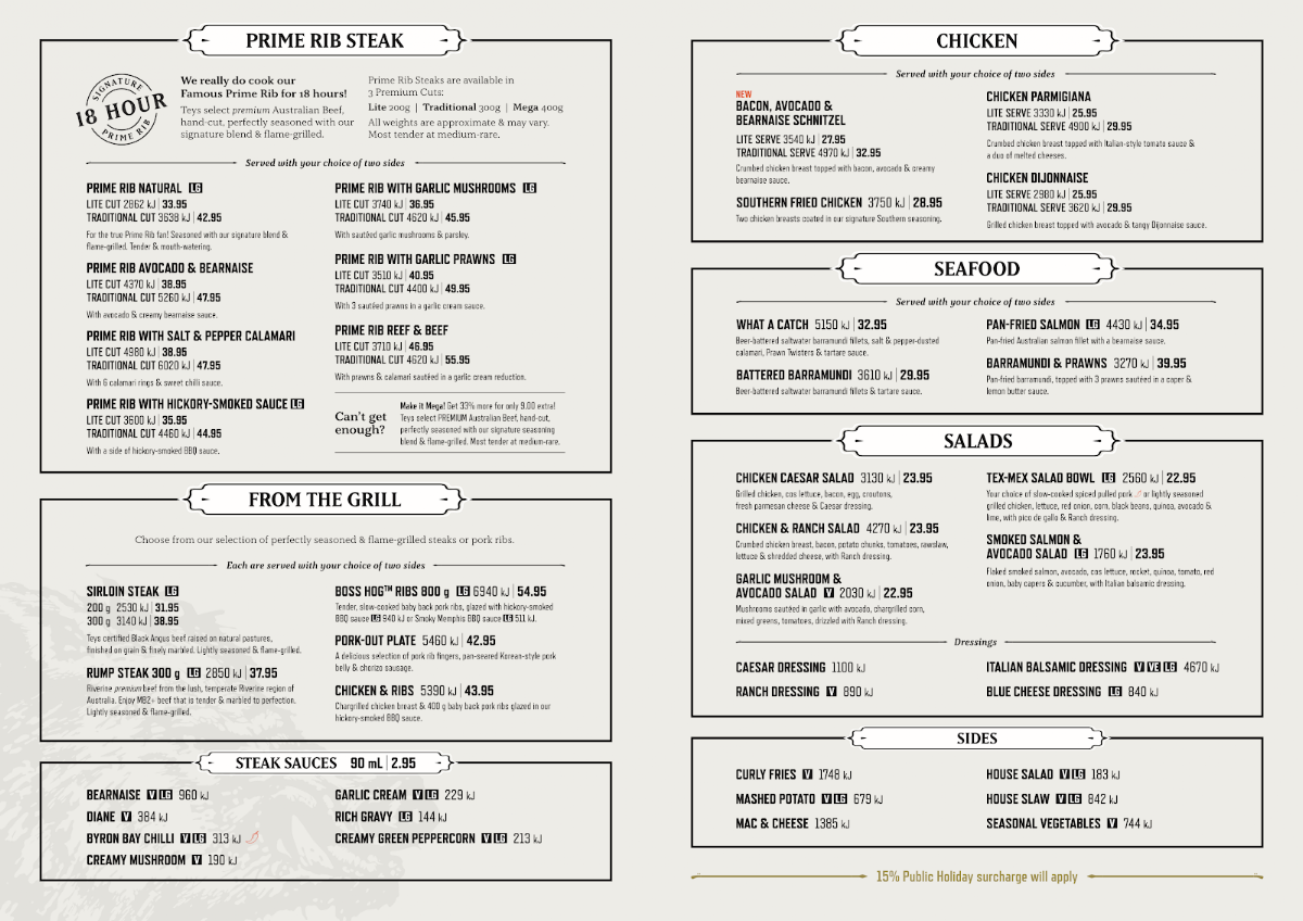 Menu, Hog's Breath Cafe Hobart