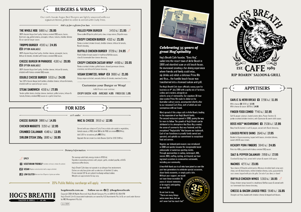 Menu, Hog's Breath Cafe Hobart