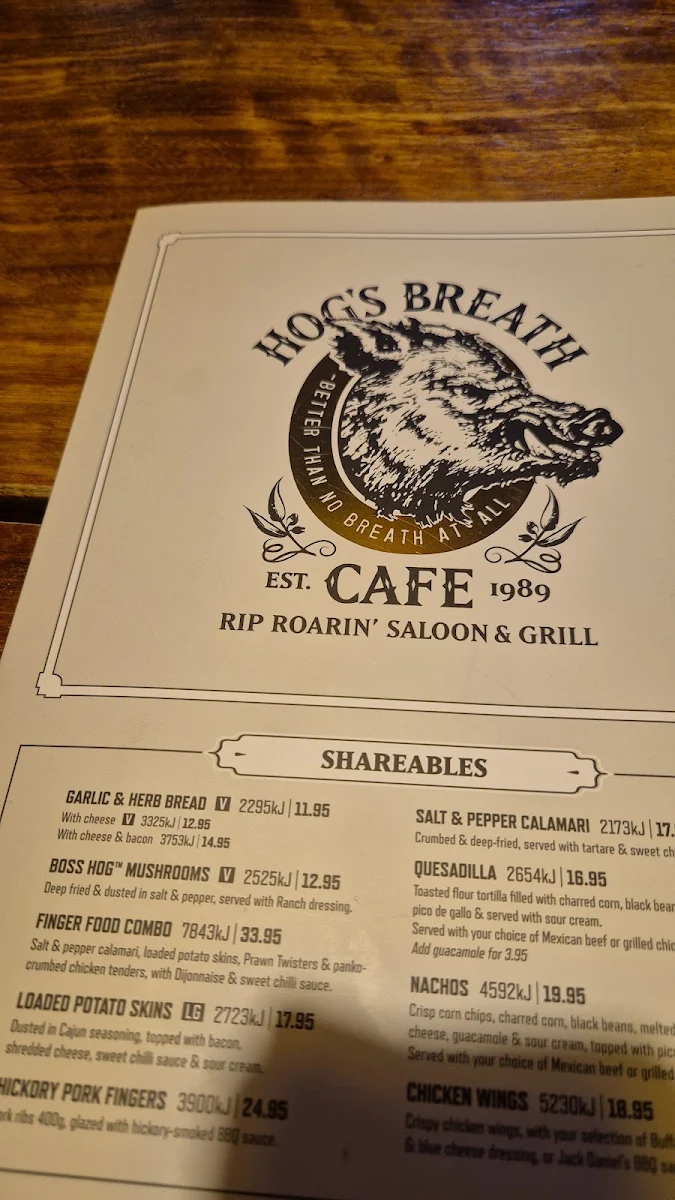Menu, Hog's Breath Cafe Hobart