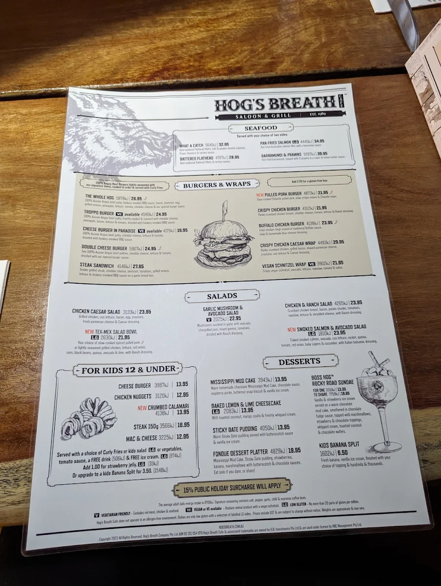 Menu, Hog's Breath Cafe Hobart