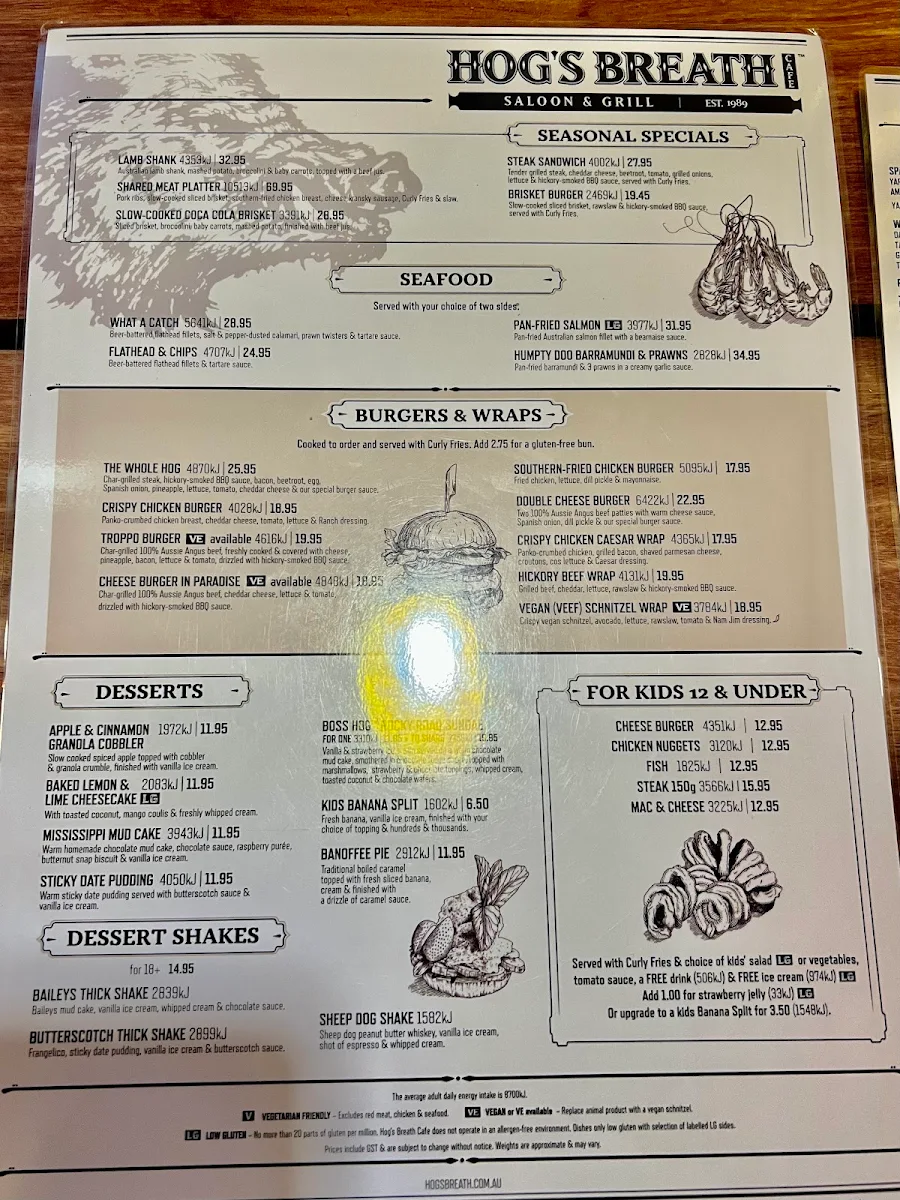 Menu, Hog's Breath Cafe Hobart