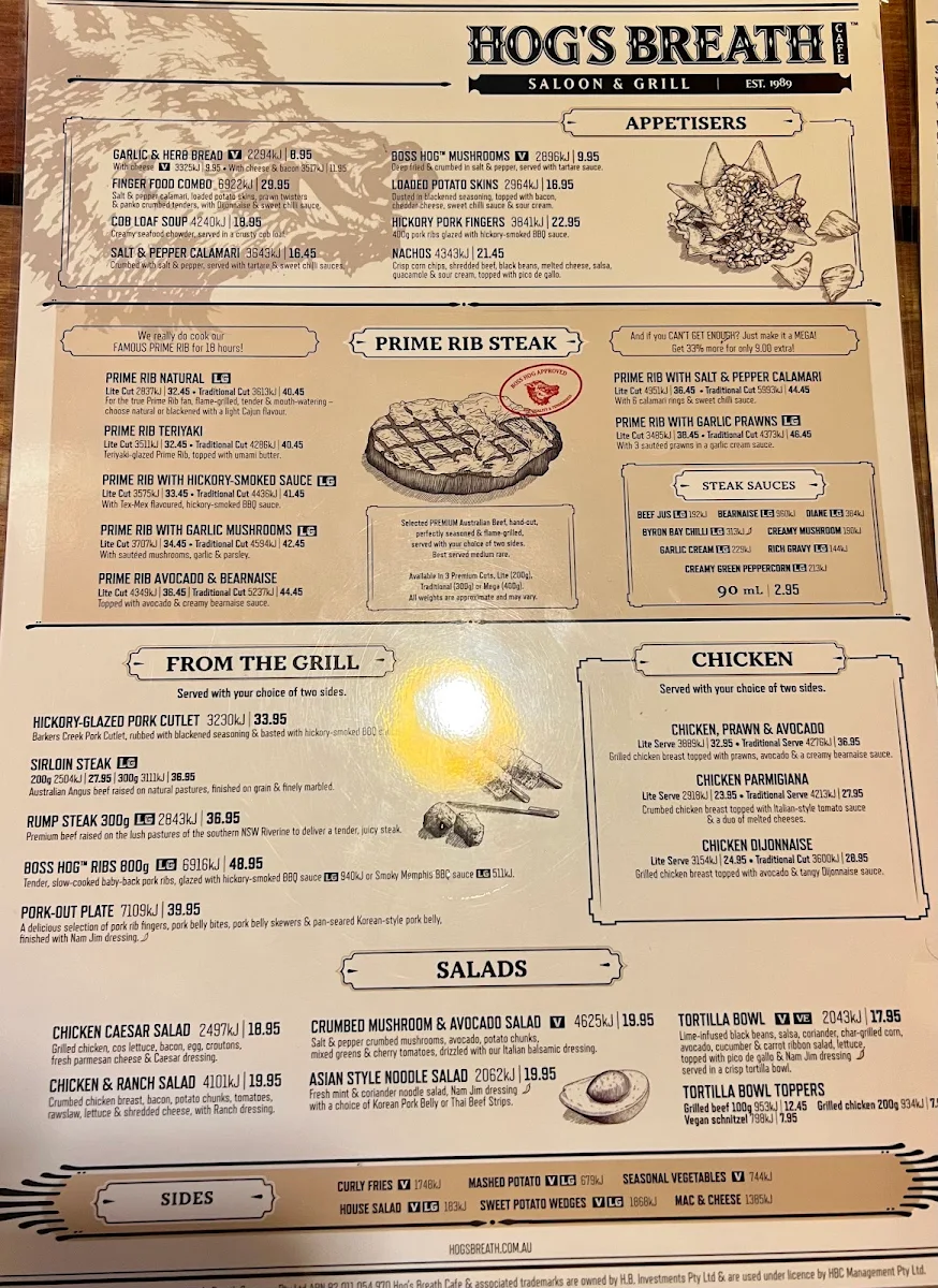 Menu, Hog's Breath Cafe Hobart