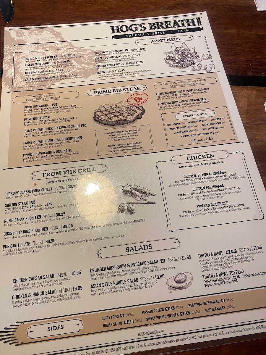 Menu, Hog's Breath Cafe Hobart