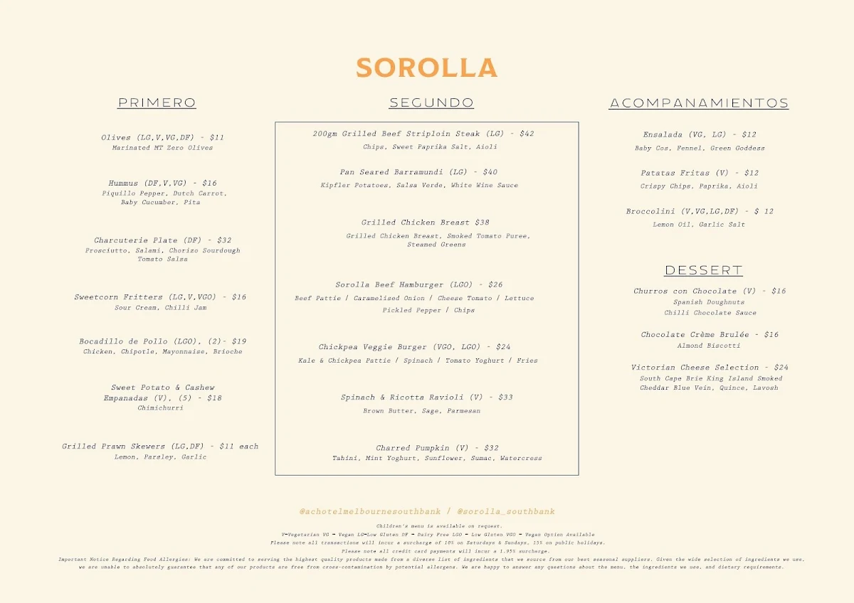 Menu, Sorolla Restaurant