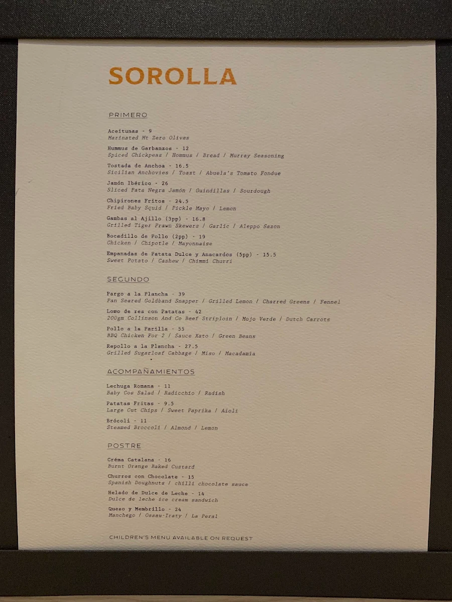 Menu, Sorolla Restaurant