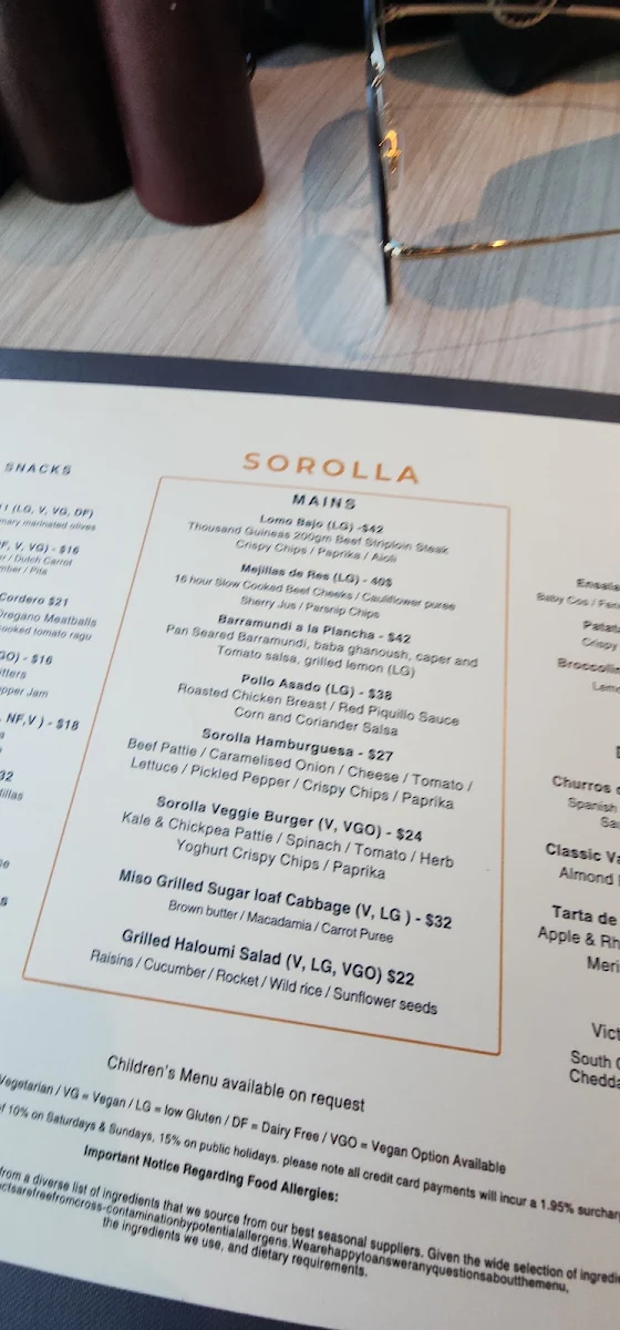Menu, Sorolla Restaurant