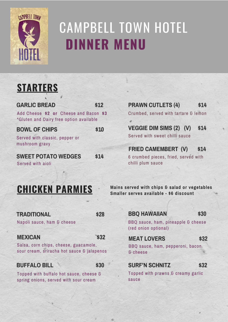 Menu, Campbell Town Hotel Motel