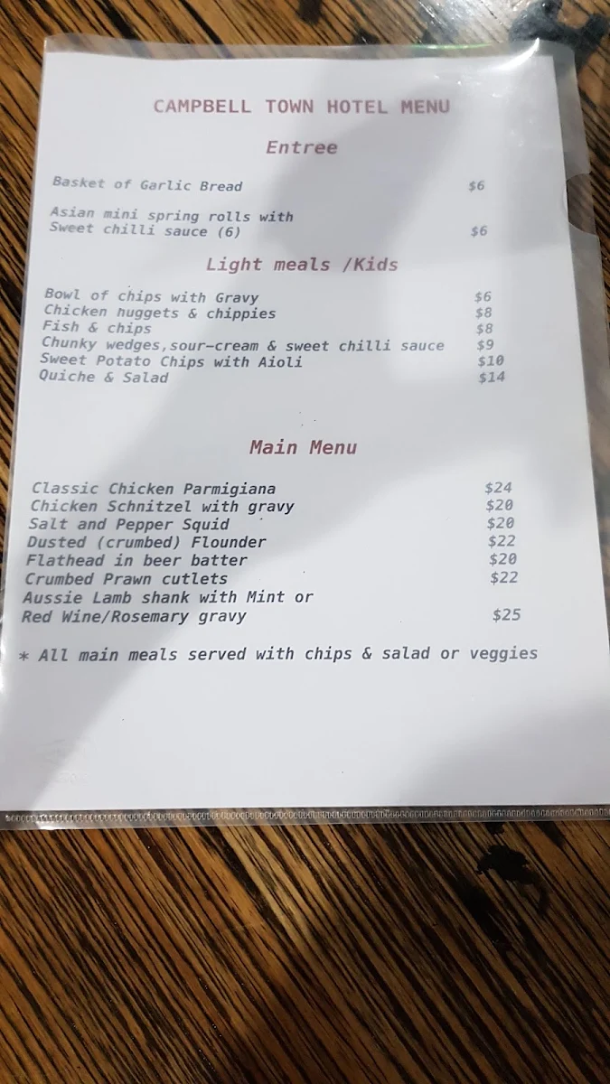 Menu, Campbell Town Hotel Motel