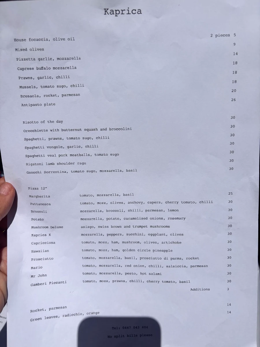 Menu, Kaprica