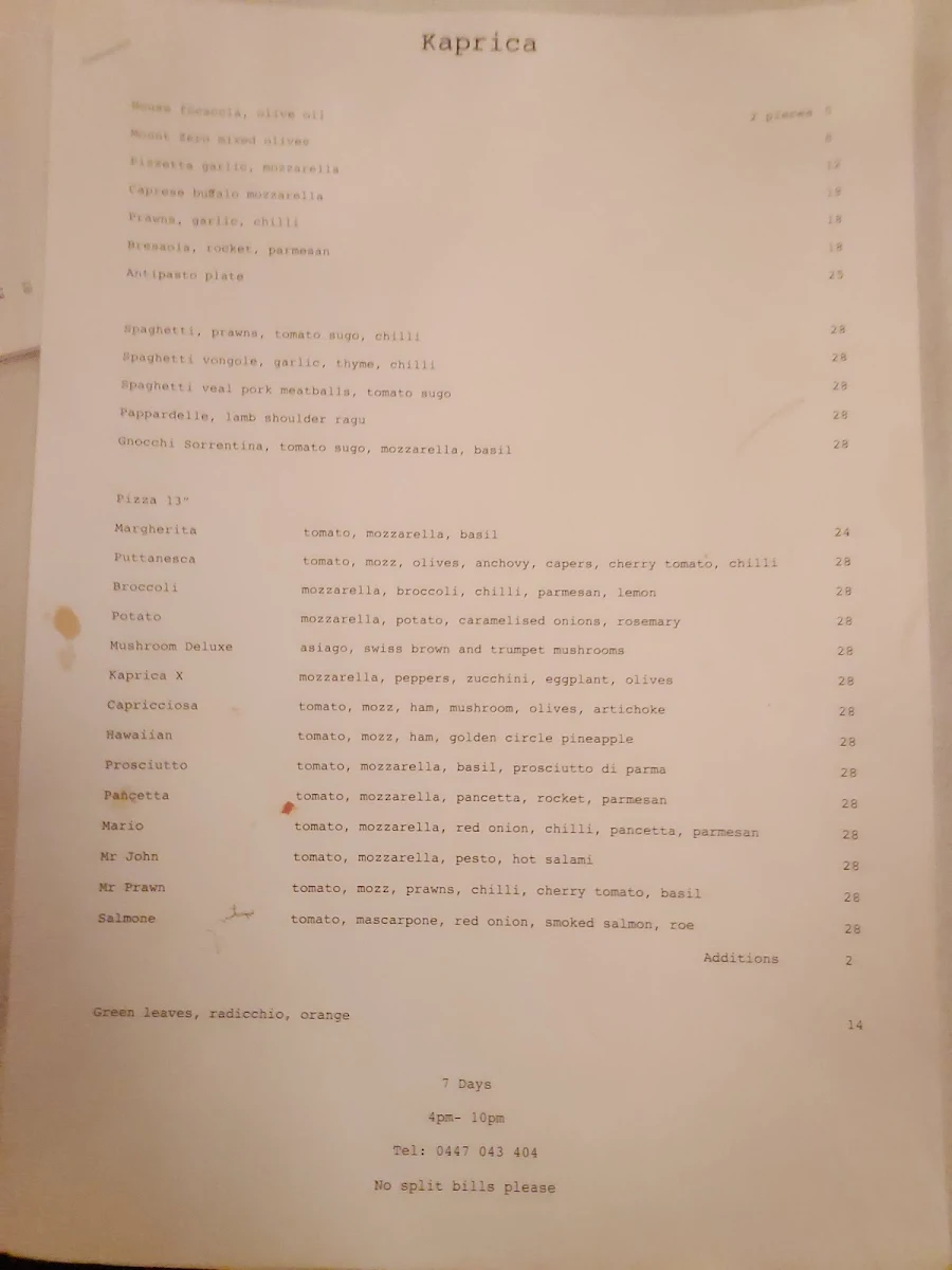 Menu, Kaprica
