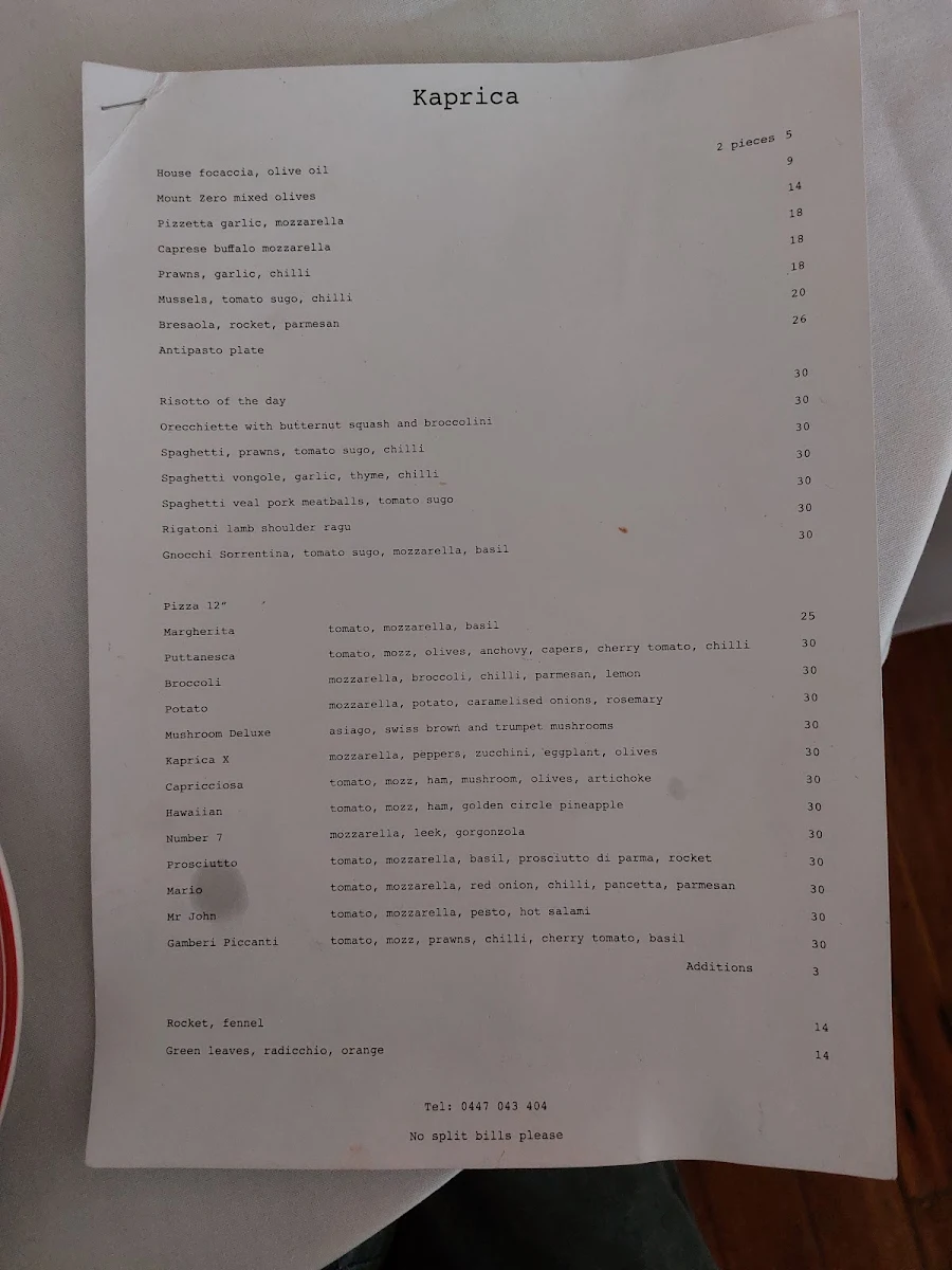Menu, Kaprica