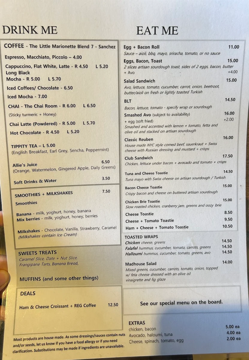 Menu, Madhouse Kiosk