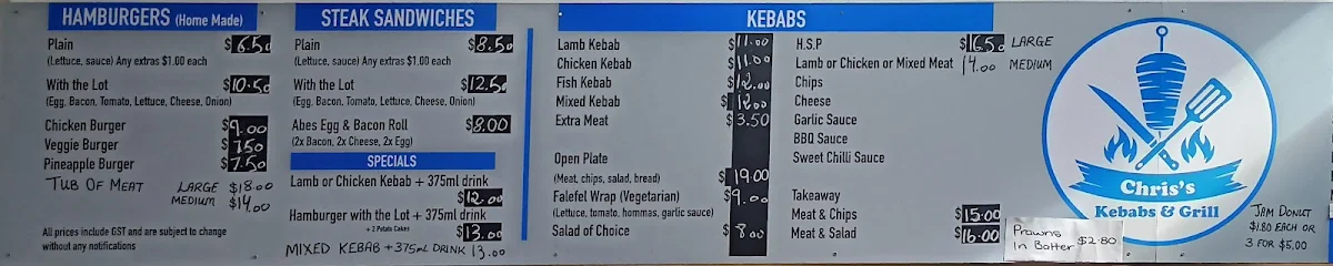 Menu, Chris's Kebabs & Grill