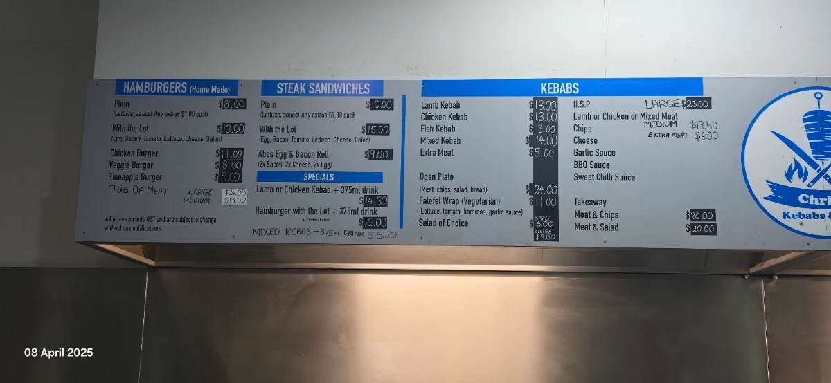Menu, Chris's Kebabs & Grill