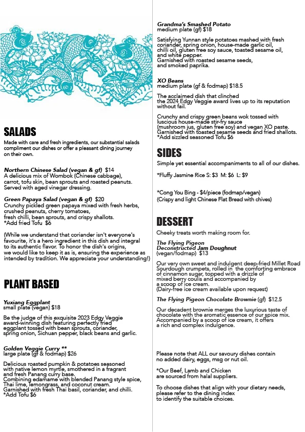 Menu, The Flying Pigeon