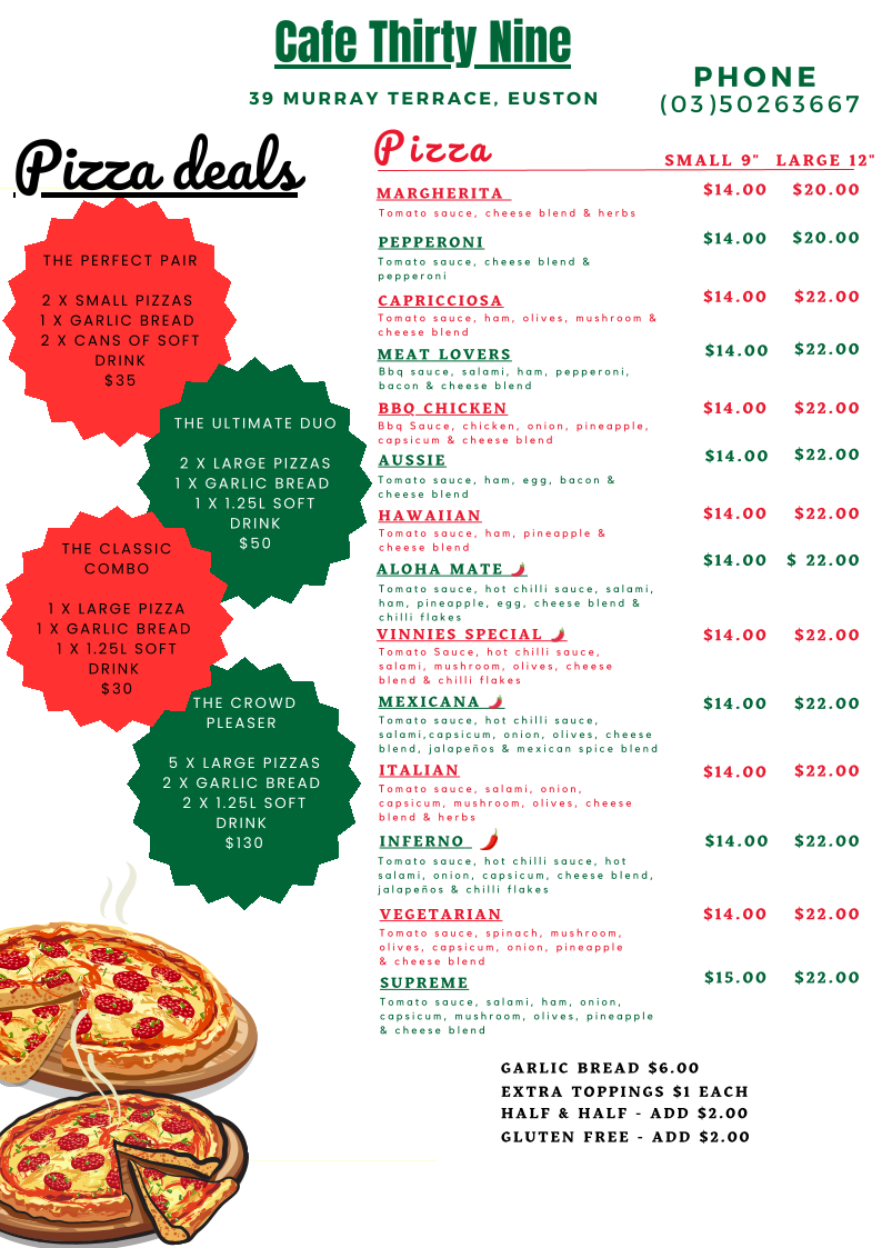 Menu, Cafe Thirty Nine