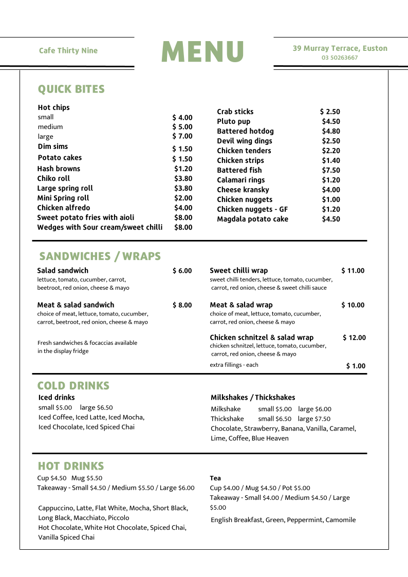 Menu, Cafe Thirty Nine