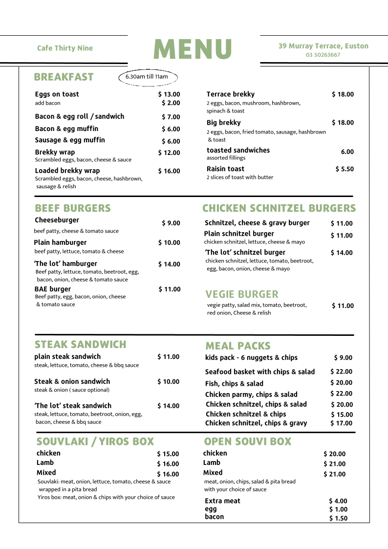 Menu, Cafe Thirty Nine
