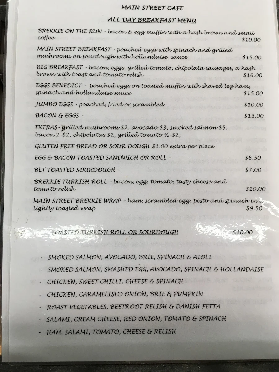 Menu, Main Street Cafe