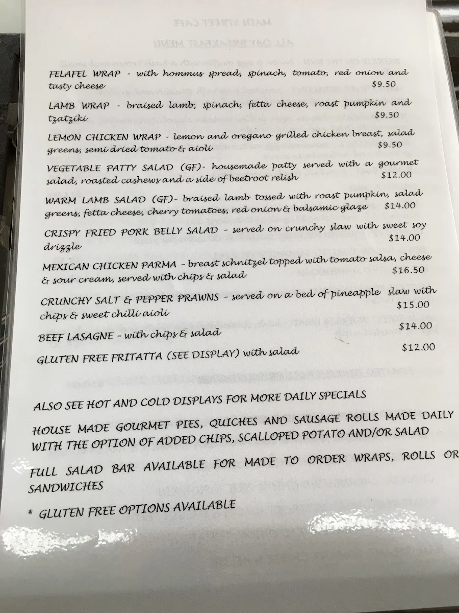 Menu, Main Street Cafe