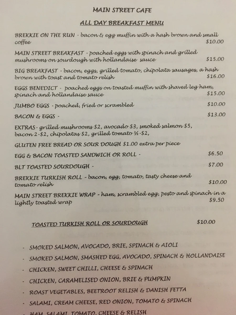 Menu, Main Street Cafe