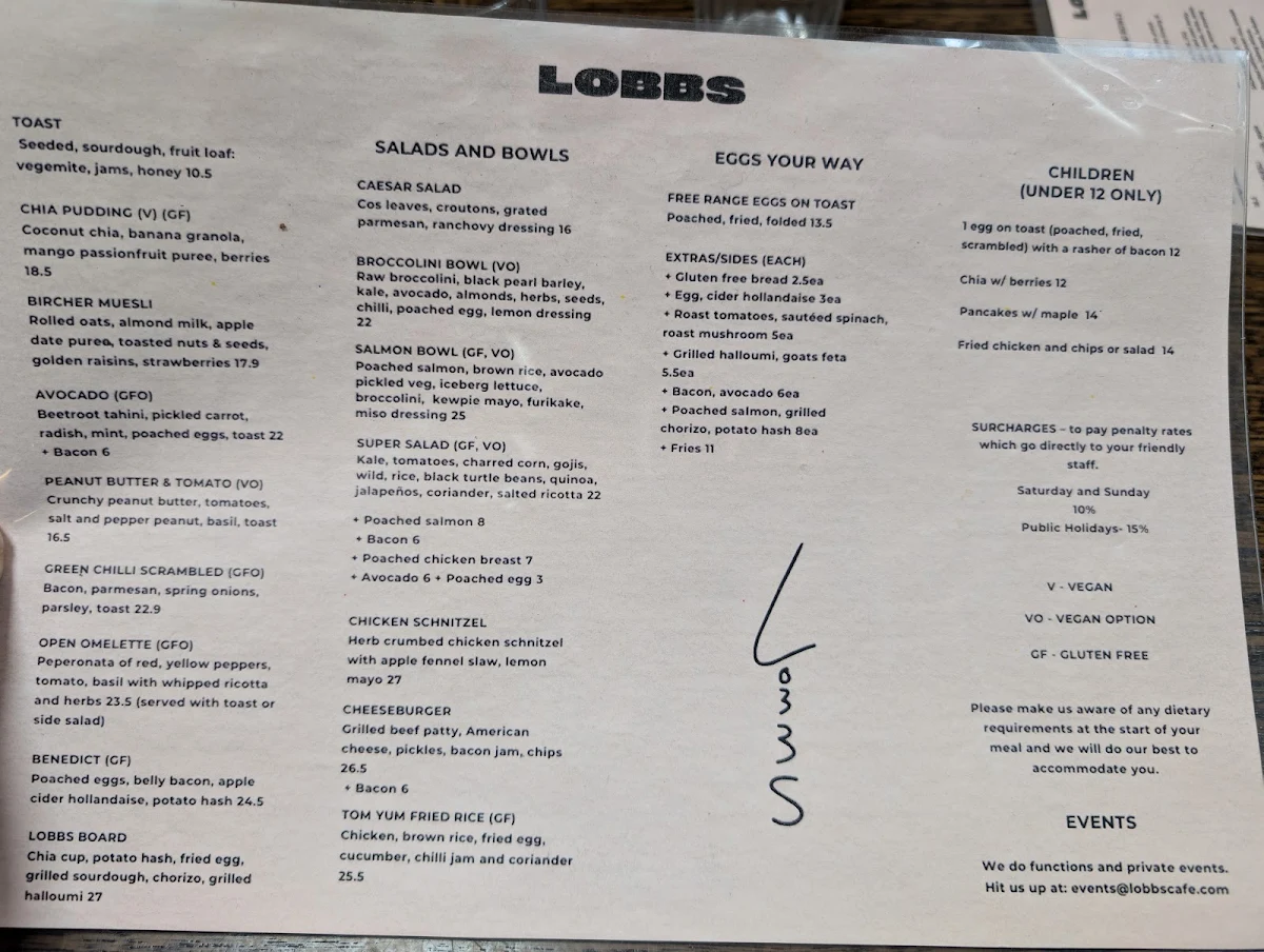 Menu, Lobbs
