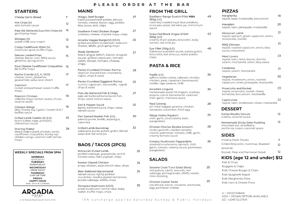 Menu, Arcadia Hotel