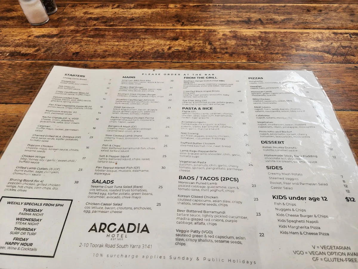 Menu, Arcadia Hotel