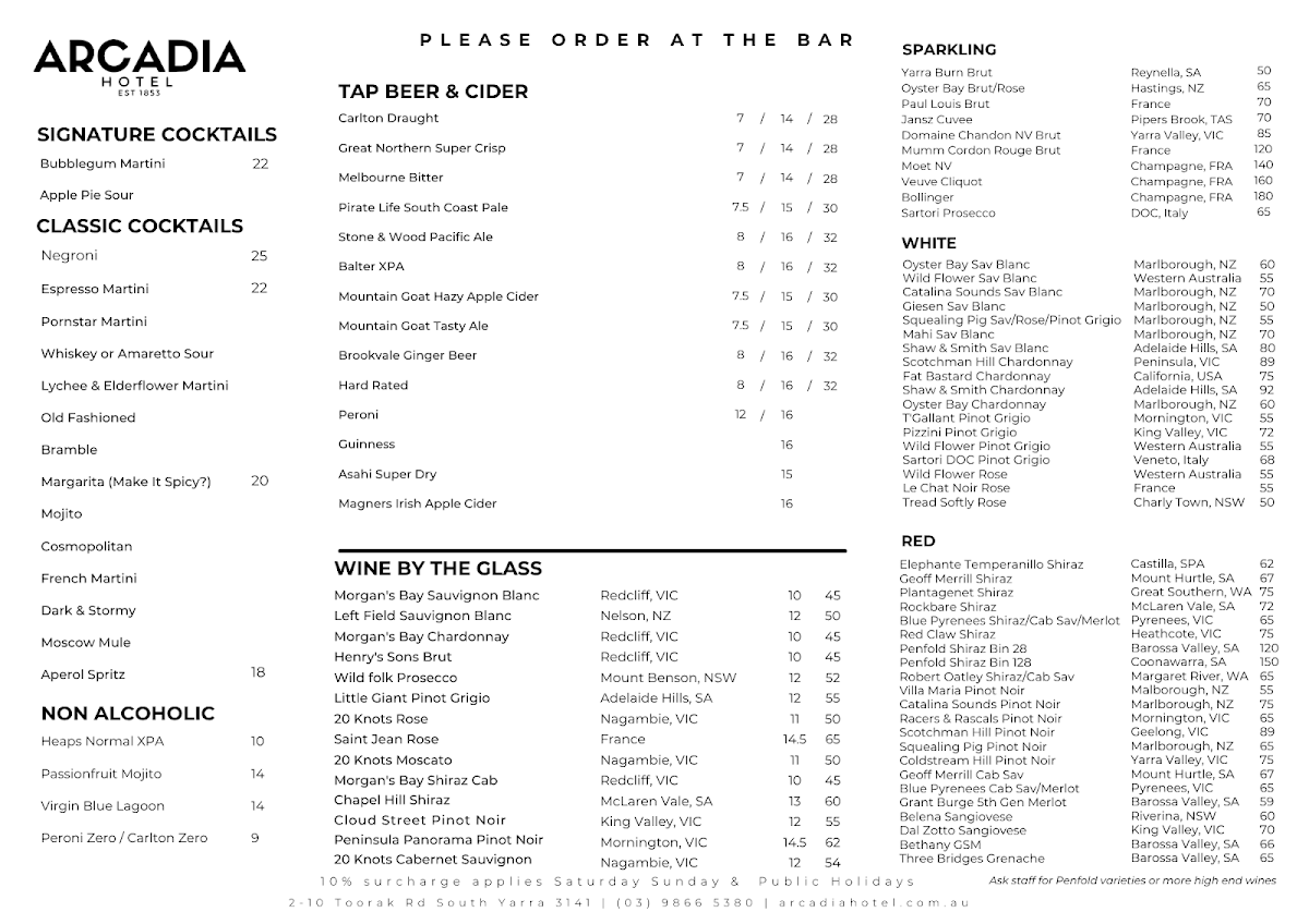 Menu, Arcadia Hotel