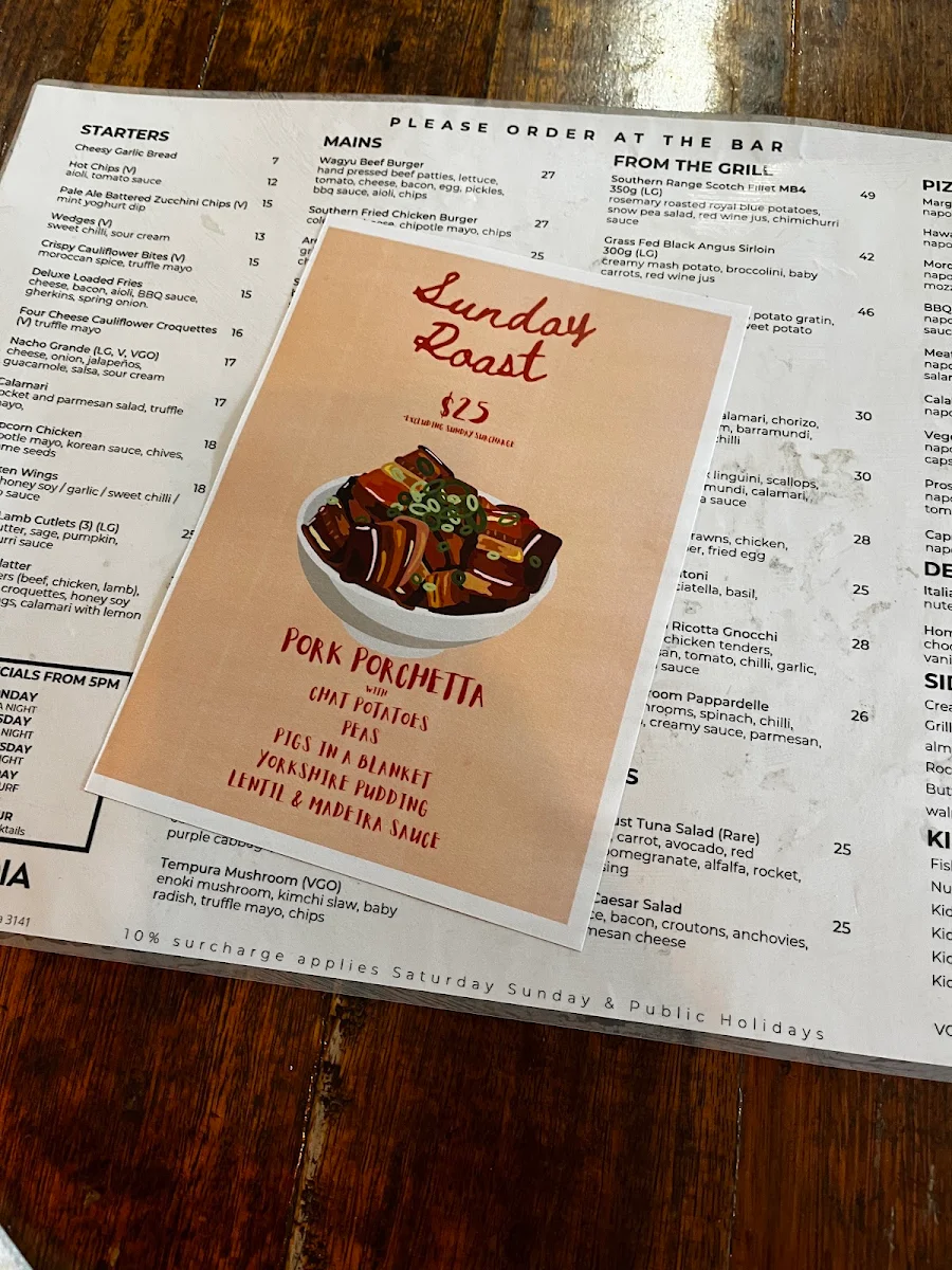Menu, Arcadia Hotel