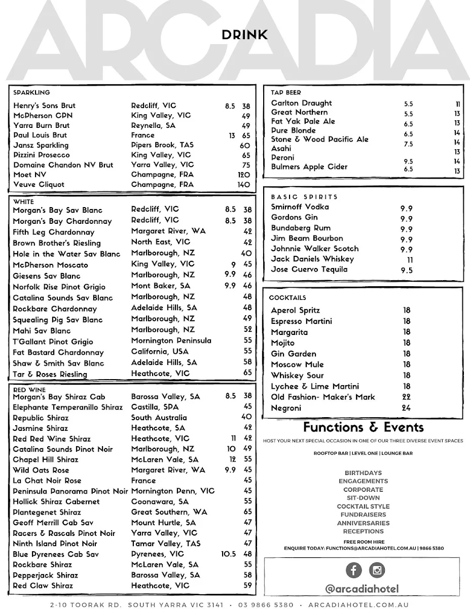 Menu, Arcadia Hotel