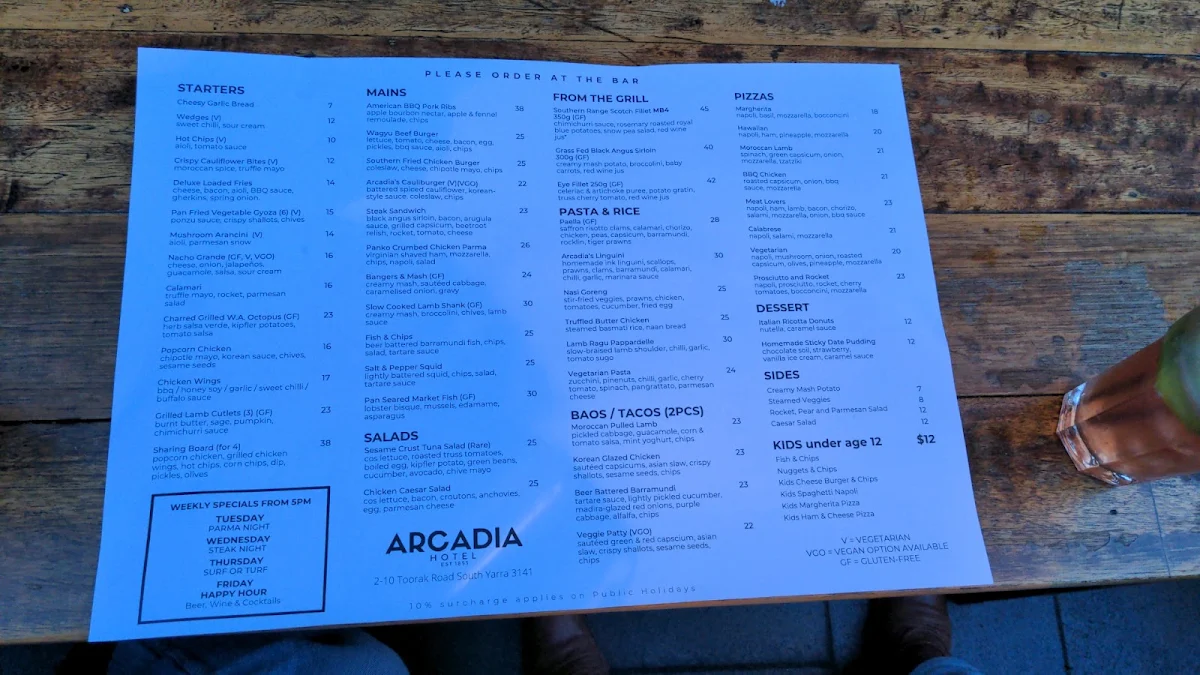 Menu, Arcadia Hotel