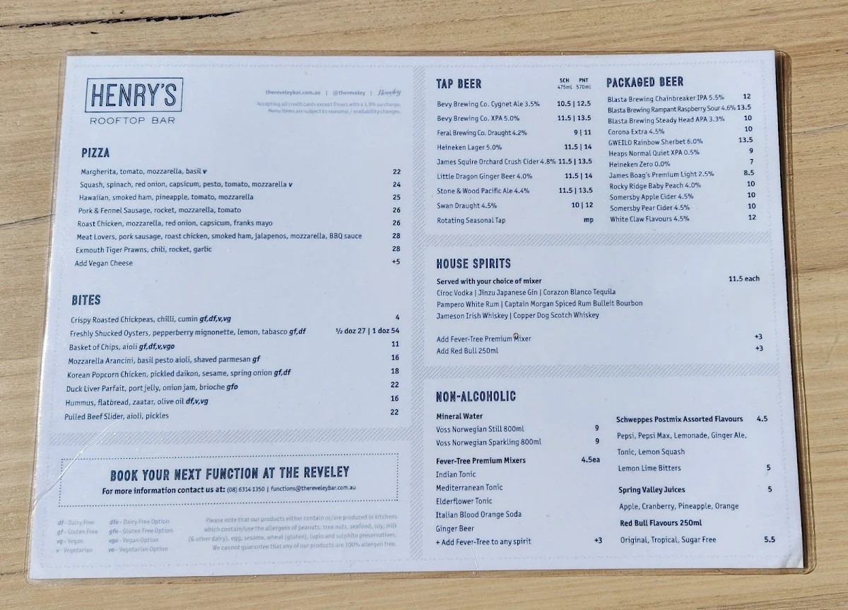 Menu, Henry's Rooftop
