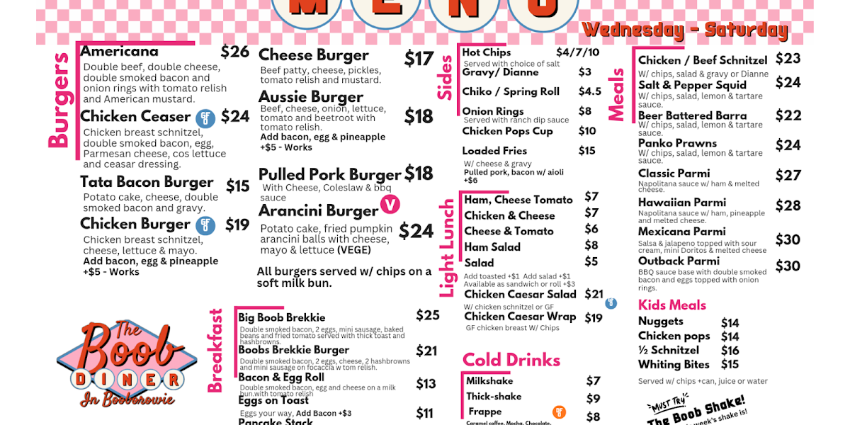 Menu, The Boob Diner