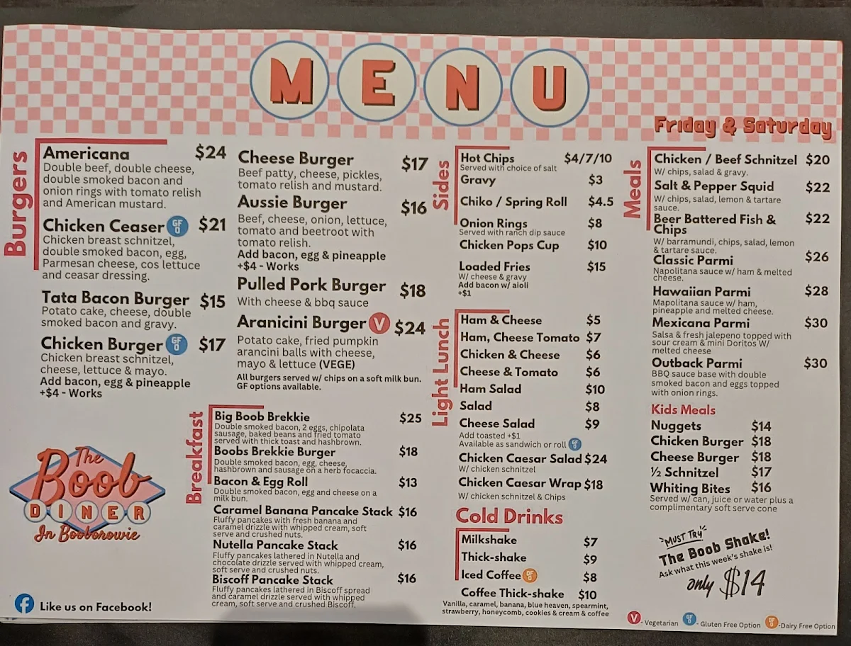 Menu, The Boob Diner