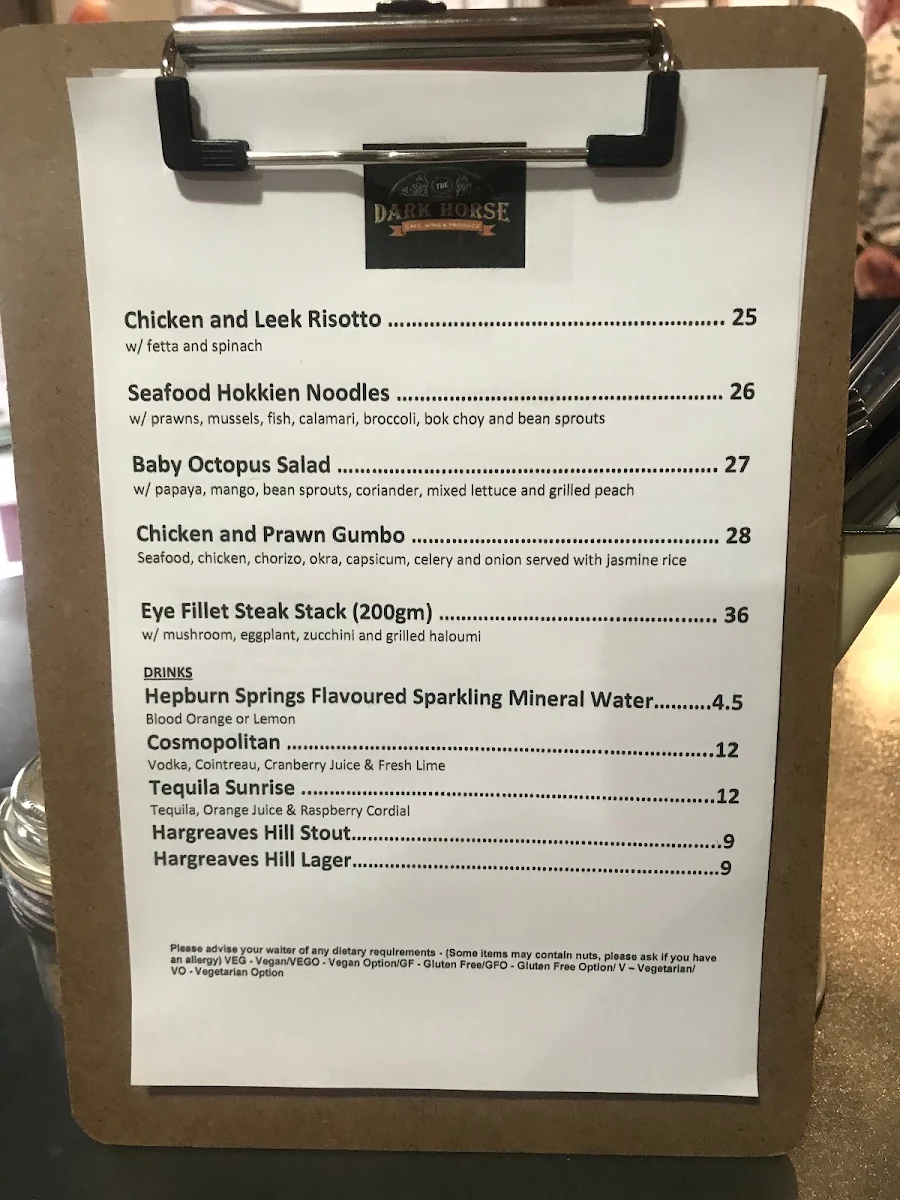 Menu, Dark Horse Cafe, Wine & Produce