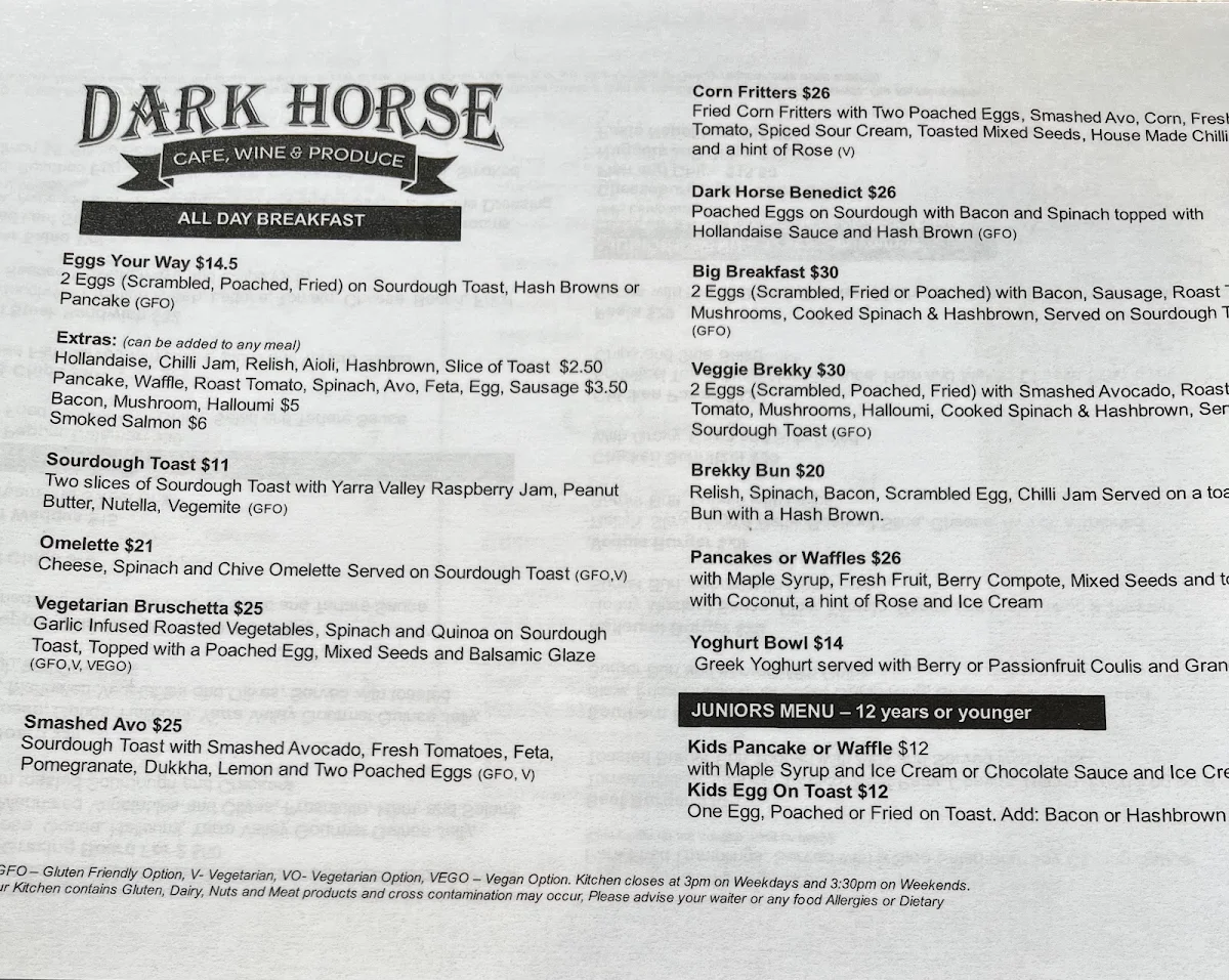 Menu, Dark Horse Cafe, Wine & Produce