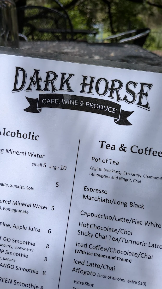 Menu, Dark Horse Cafe, Wine & Produce