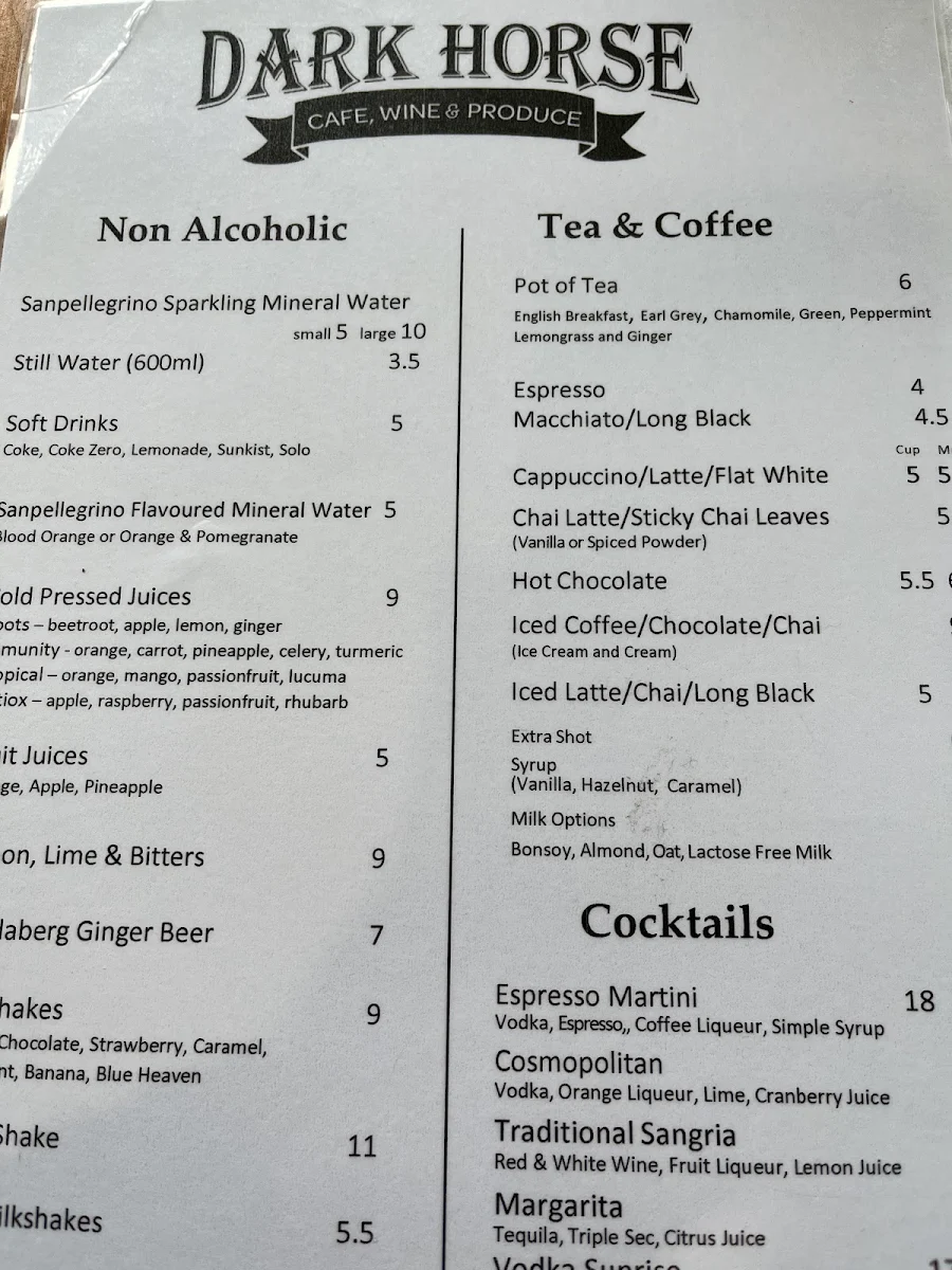 Menu, Dark Horse Cafe, Wine & Produce