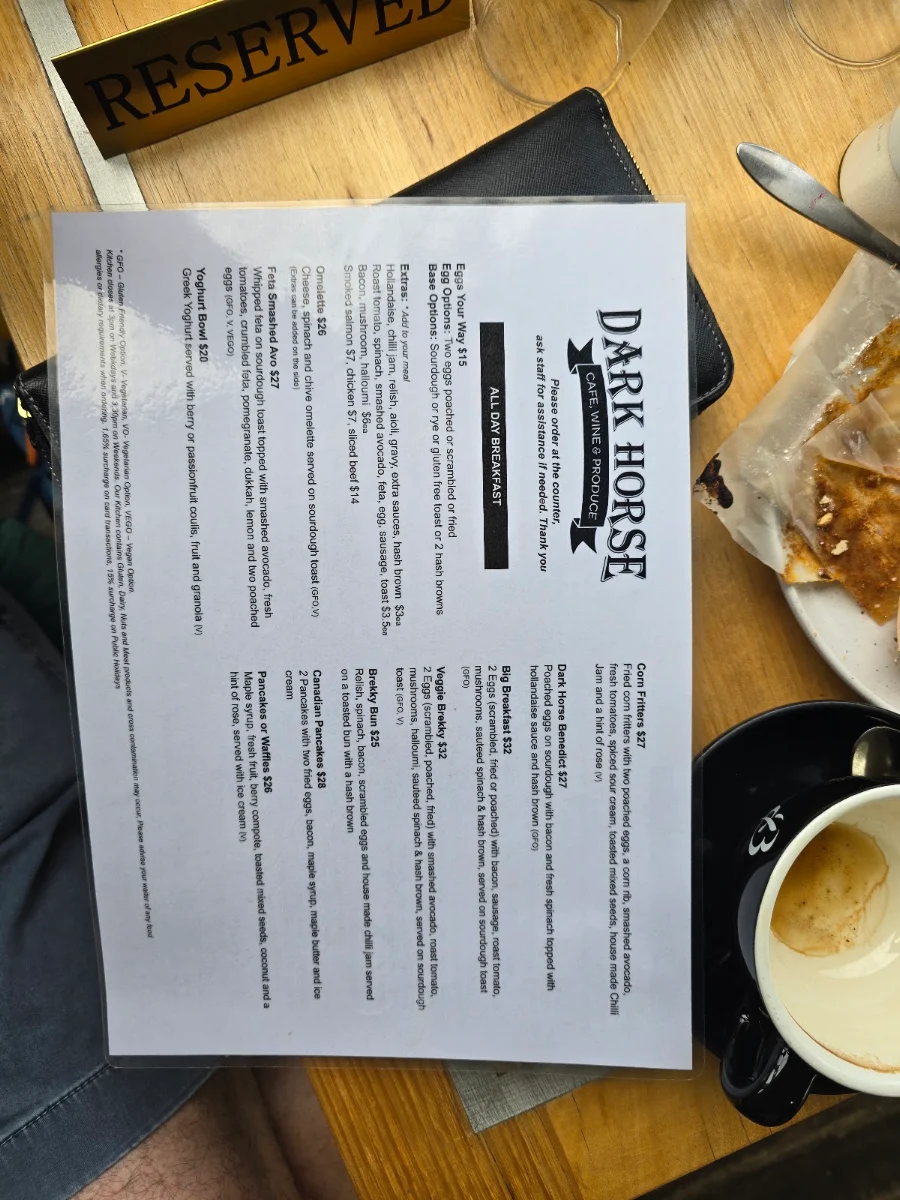 Menu, Dark Horse Cafe, Wine & Produce