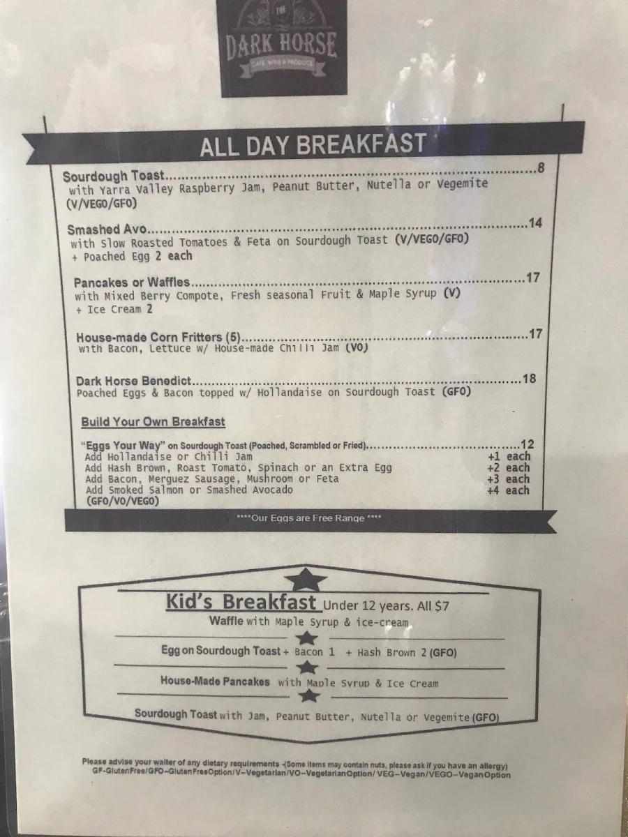 Menu, Dark Horse Cafe, Wine & Produce