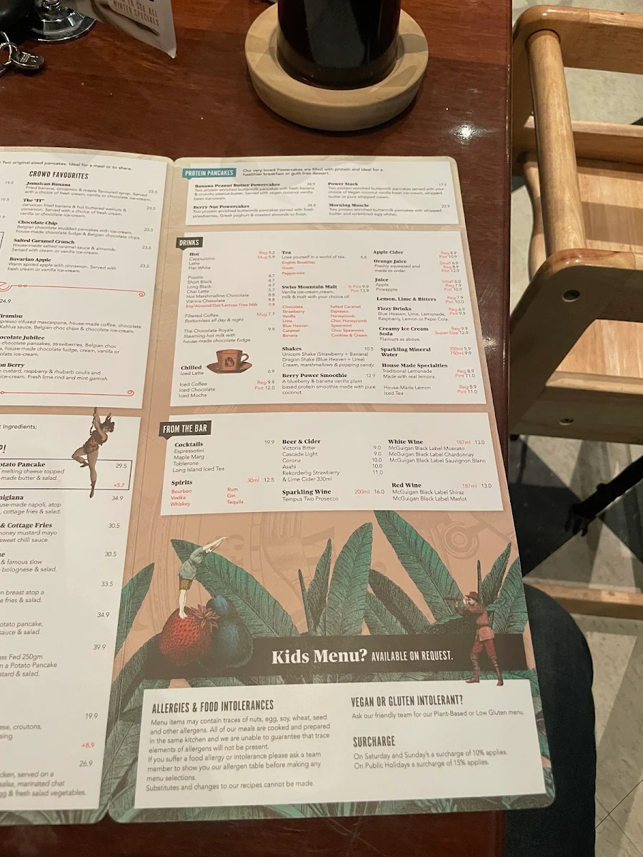 Menu, The Pancake Parlour Plenty Valley