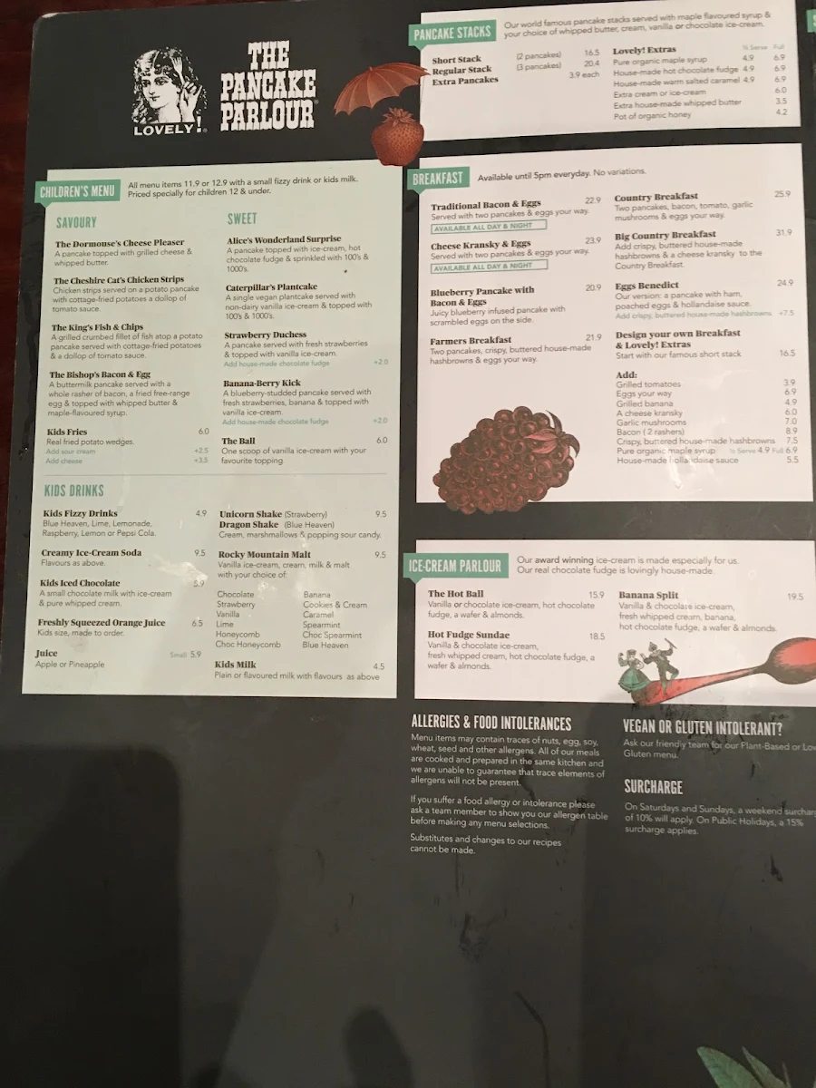 Menu, The Pancake Parlour Plenty Valley